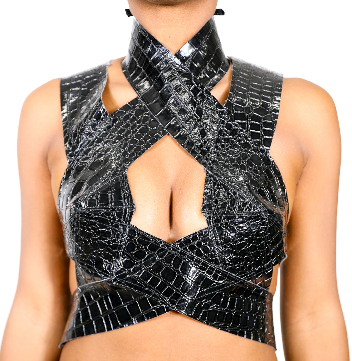Model wears small Criss Cross Croc Top - Black by GrayScale (Front)